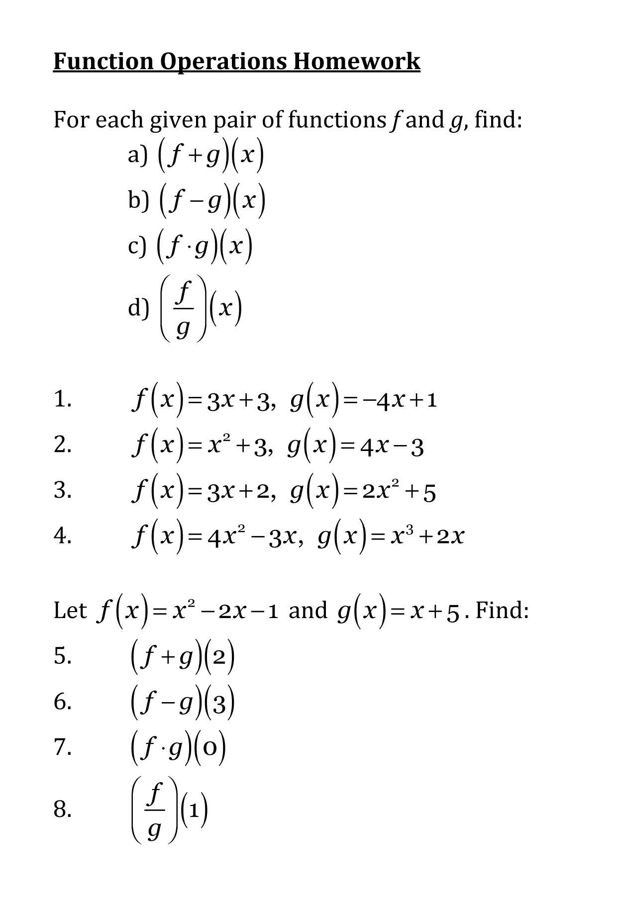 HW 1.2: Function Composition \u0026 Inverses \u2013 due 12 September 2012  algebra II \u0026 trigonometry