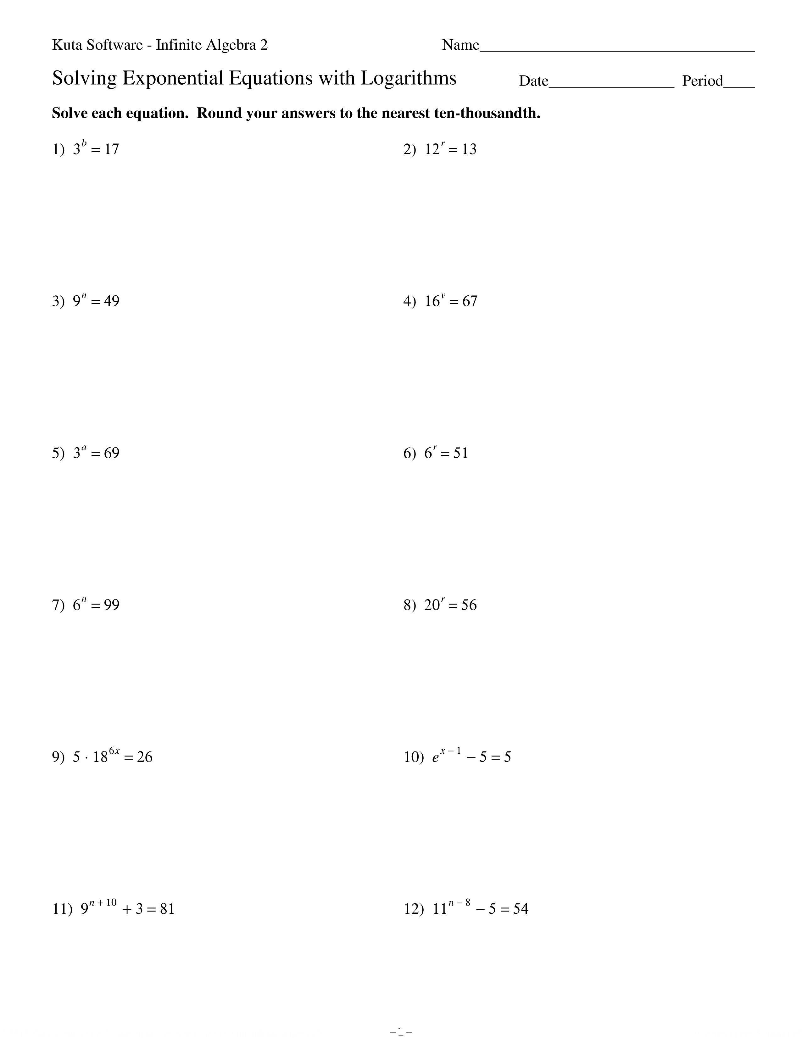HW solving exponential equations with logarithms  algebra II Within Solving Exponential Equations Worksheet